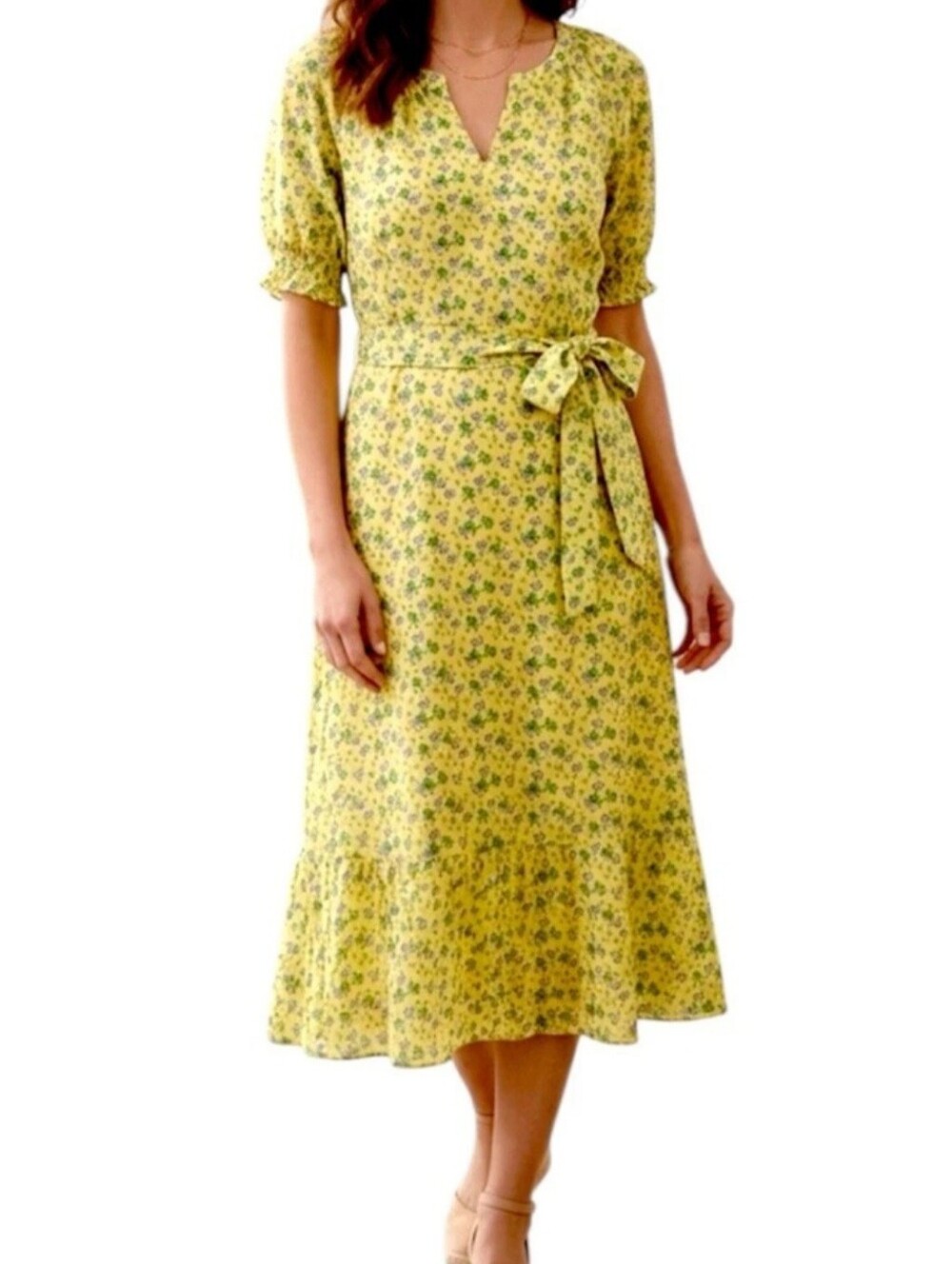 Talbots Midi Dress XL 100% Cotton Yellow Floral Belted Tiered Ruffle Cottagecore